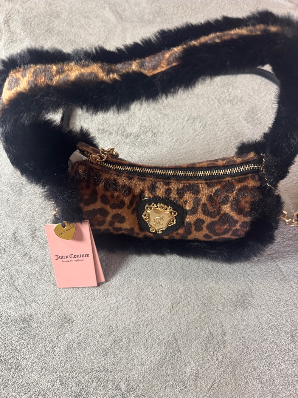 Juicy Couture Leopard Faux-Fur Mini Crossbody in Brown & Black with Gold Crest